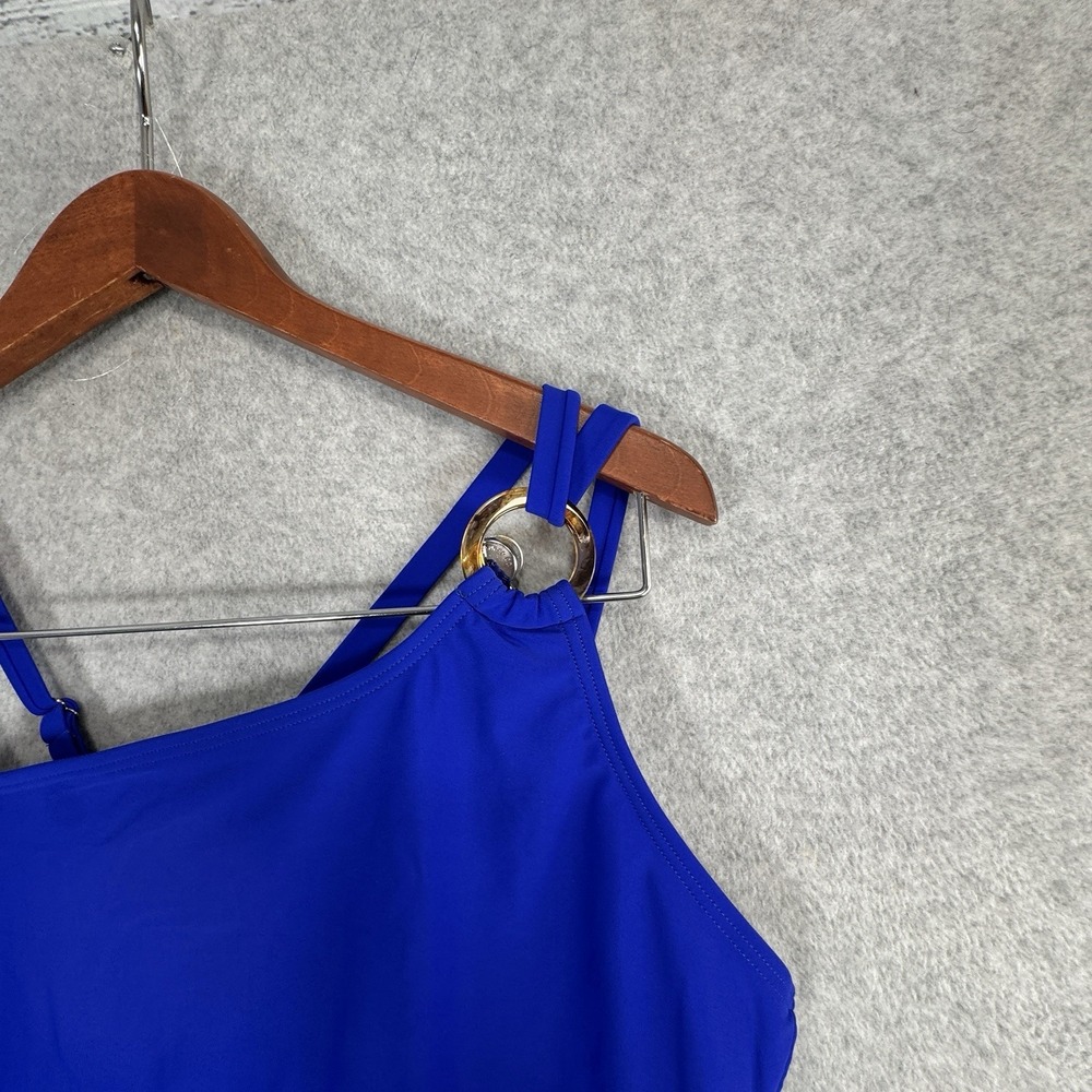 Charmo‎ One Piece Swimsuit L Royal Blue Shoulder Mesh Ruched NWOT Tummy Control - Picture 3 of 12